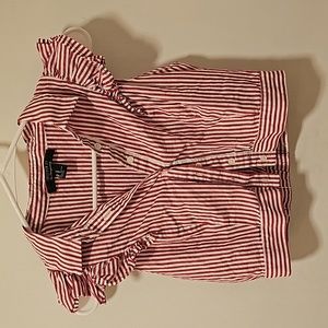 Red and White Stripe Crop Top Frilly Shoulders Button Down Medium
